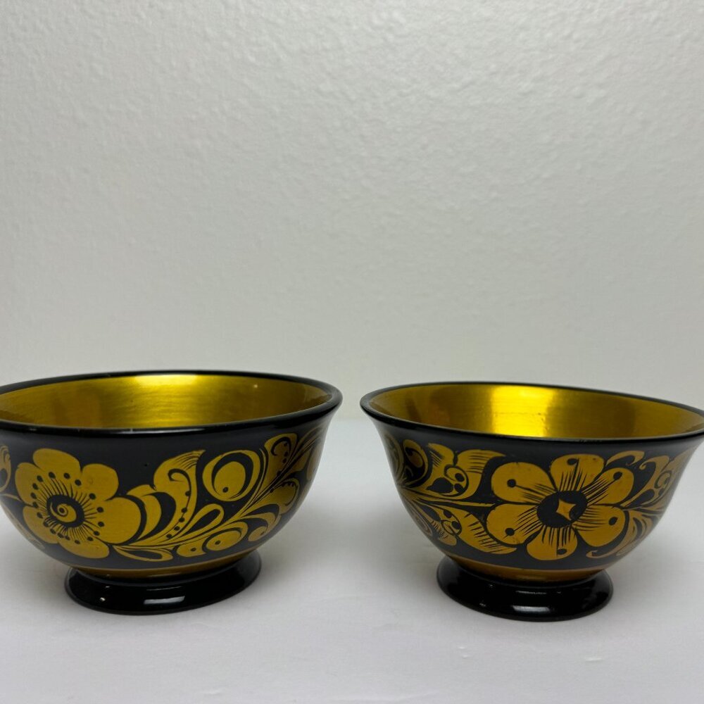 NEW Vintage Russian Black & Golden Khokhloma Laquered Wood Trinket Bowl Set of 2